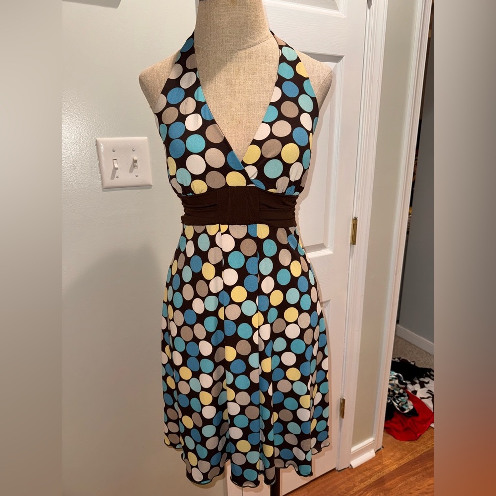 Speechless Y2K Brown and Blue Polka Dot halter neck babydoll Dress medium